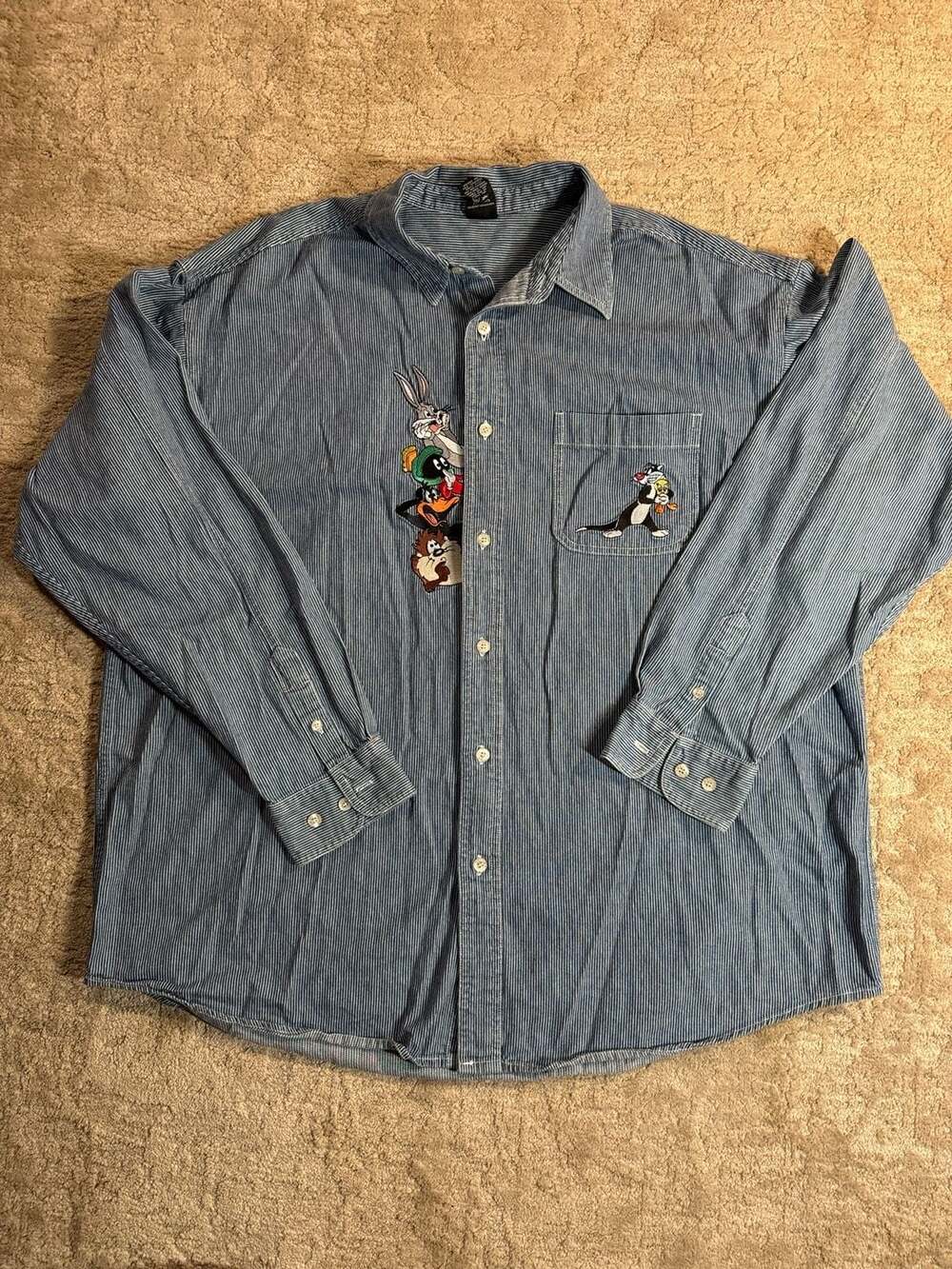 Vintage 1997 Warner Bros. Studio Store Looney Tunes Embroidered Pinstripe Shirt